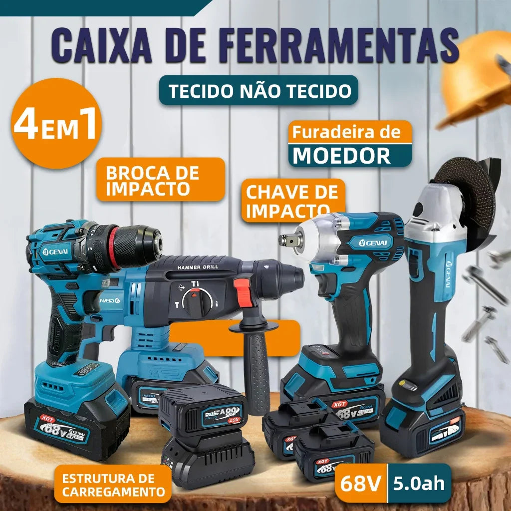 Kit de ferramentas 4 em 1 Furadeira, Chave de fenda/Chave de impacto/Amolador/Martelo 2 baterias de 68 V Caixa