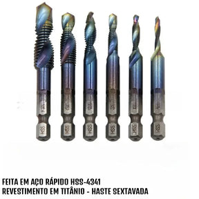 Kit Brocas Rosca 3 em 1™ - Perfura, Chanfra e dá Acabamento [COMPRE 5 LEVE 6]