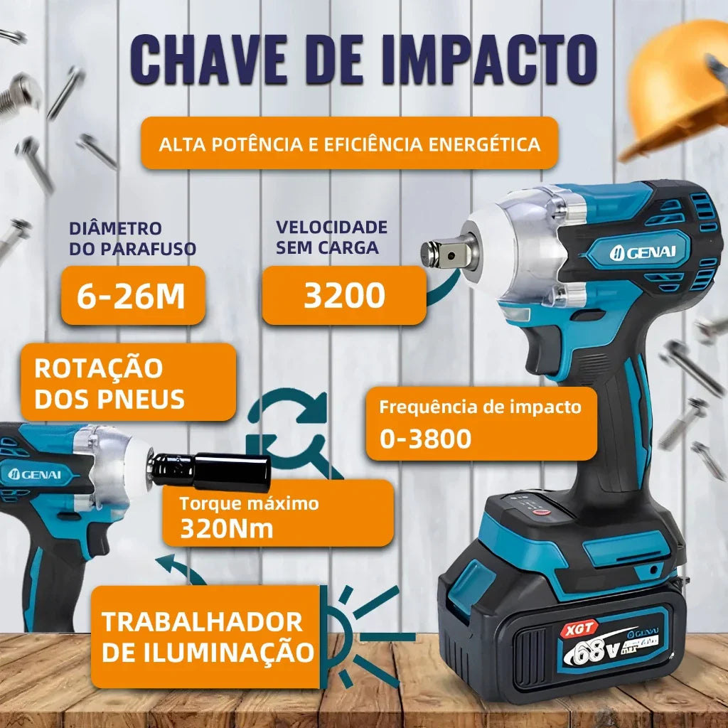 Kit de ferramentas 4 em 1 Furadeira, Chave de fenda/Chave de impacto/Amolador/Martelo 2 baterias de 68 V Caixa