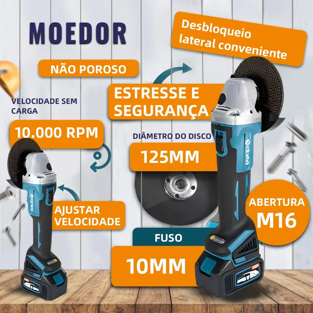 Kit de ferramentas 4 em 1 Furadeira, Chave de fenda/Chave de impacto/Amolador/Martelo 2 baterias de 68 V Caixa